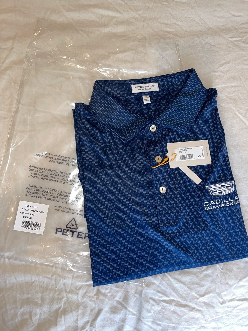 NWT Peter Millar Navy Blue Geometric-Print Cadillac Champions Polo